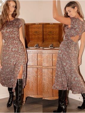 Lulu's Garden's Delight Burgundy Floral Print Cutout Midi Dress Small